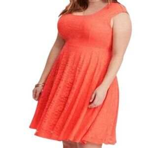 Torrid Womens Lacey Skater Dress Coral Floral Lace Keyhole Back Plus 2X